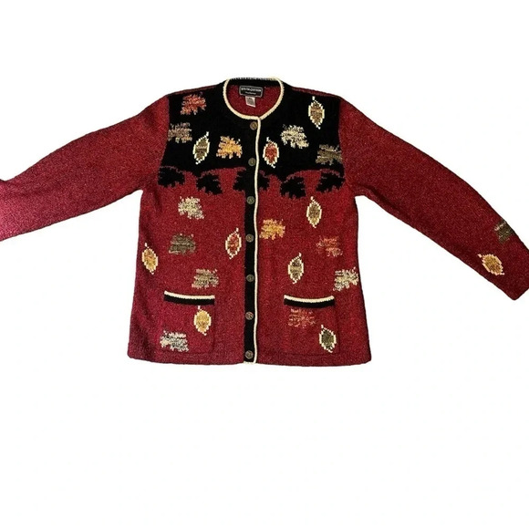Vntge South Cotton Fall button up Cardigan Hand Loomed Autumn Leaf Pattern Sz XL - Picture 3 of 11